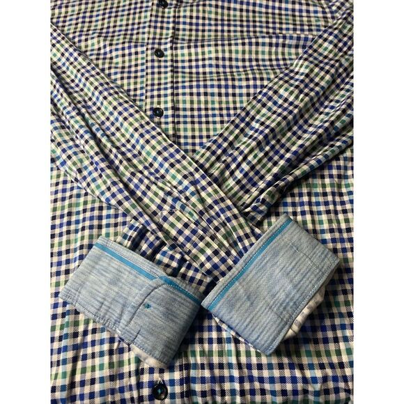 Butter Cloth Shirt Mens L Blue White Green Slim Plaid Button Long Sleeve Stretch - Picture 7 of 11